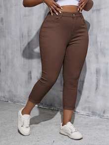 SHEIN Tall CURVE 女款大尺碼白色丹寧彈性緊身九分褲 - 棕色 - 查看 3