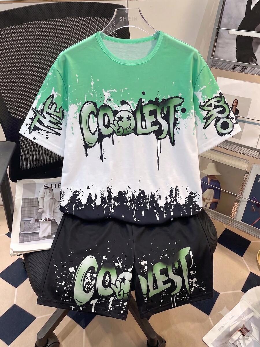 Tween Boy Contrast Color Round Neck Short Sleeve T-Shirt And Shorts Casual Set - Multicolor - View 1