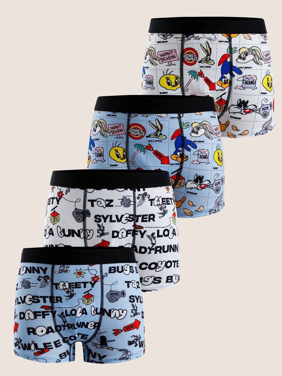 LOONEY TUNES X SHEIN Tween Boy Colorblock Letter Cartoon Print Casual Daily Boxer Briefs - Blue and White - View 1