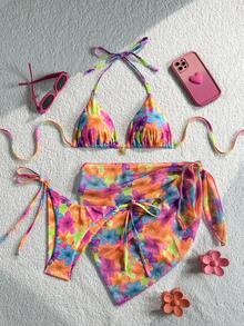 Swim Mod 3件組女款海灘夏季度假套裝，花卉紋理面料掛脖上衣、側綁帶比基尼泳褲、純色網紗裙，海灘度假比基尼套裝 - 彩色 - 查看 6
