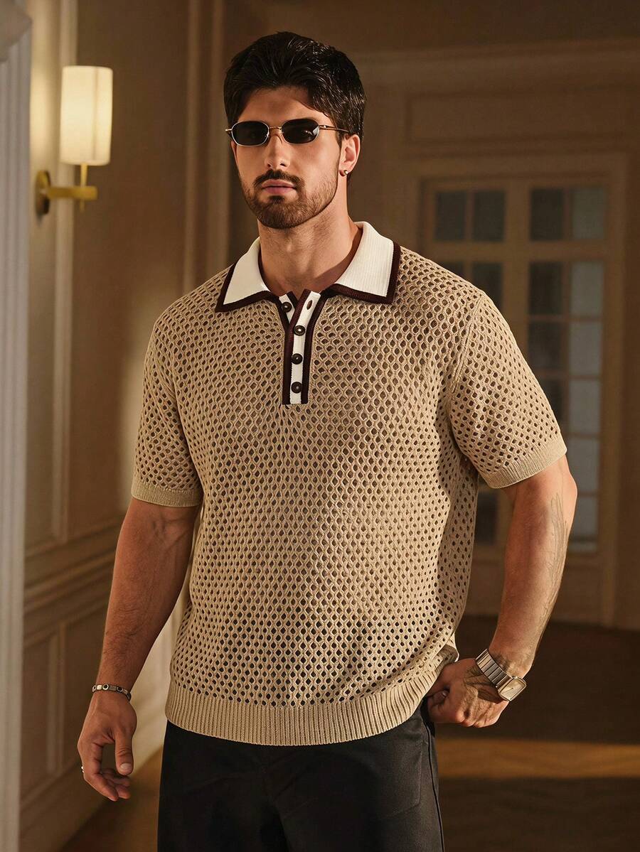 SIGLOCORE Men's Colorblock Hollow Out Casual Versatile Daily Wear Knit Top - Multicolor - View 1