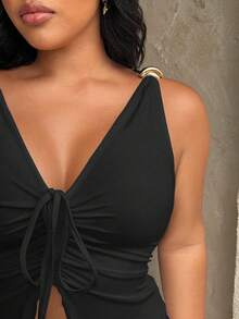 Rustia Top de tirantes ajustado con fruncido y cordón para anudar, estilo elegante francés, para mujer talla grande - Negro - Ver 3