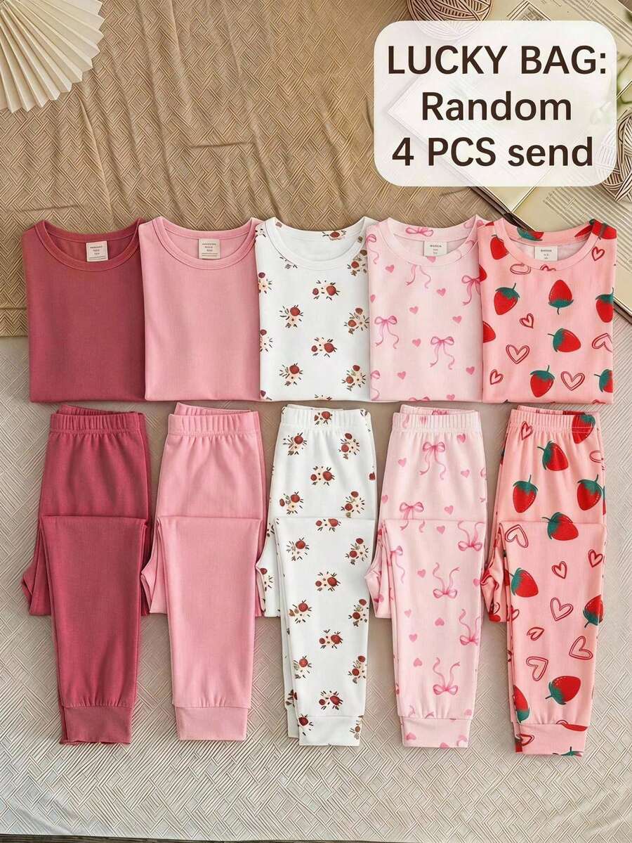SHEIN 女童休閒簡約貼身舒適圓領短袖長褲居家服套裝,適合春夏,4件套,甜美可愛愛心印花、草莓蝴蝶結印花 - 淺粉色 - 查看 1