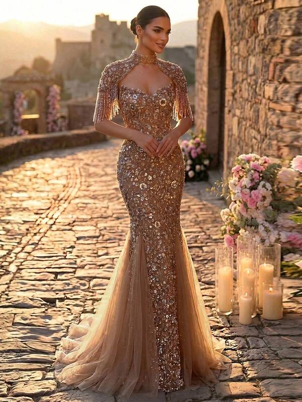 Glamrae Elegante e lussuoso abito da sera con gonna a sirena in rete con patchwork ricamato con fiori, perline e paillettes, giacca con maniche a frange, adatto per matrimonio, festa, addio al nubilato, vacanza, ballo, gala serale (lavorazione pesante)