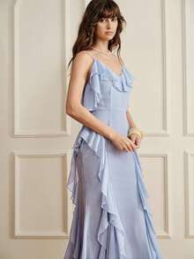 Revavyn Long Dress Slim Fit High Waist Chiffon Spaghetti Straps V Neck Draped Ruffles Elegant Romantic Blue Plain Elegant Dresses For Party Summer Holiday - Blue - View 3