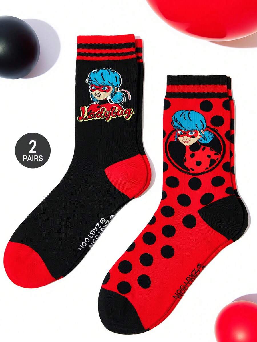 Miraculous Ladybug X SHEIN 2雙女款中筒襪,柔軟透氣吸濕休閒女款中筒襪,時尚可愛卡通圖案 - 混色 - 查看 1