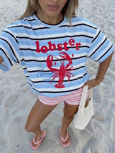 Soleia Camiseta casual versátil de uso diario para mujer con rayas, bloques de color, estampado de letras & langosta