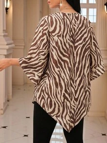 SHEIN Lady 女款棕色斑馬紋不對稱下擺襯衫 適合辦公工作、高爾夫、日常秋季休閒優雅性感鄉村風上衣 - 彩色 - 查看 2