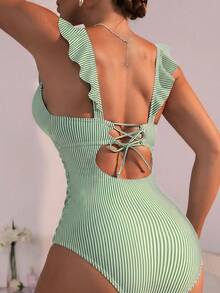 Swim Vcay Women's Striped Ruched One-Piece Swimsuit, Suitable For Beach Vacation, Pool Party, Beach Party - Green - View 2