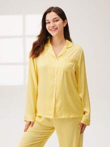 LUVLETTE Yellow Silky Satin Retro Floral Polka Dot Button-Up Top & Pants Pajama Set Pants With Pockets Long Sleeve Sets For Women - Yellow - View 2