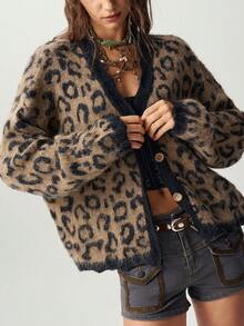 Bohemela Women's Leopard Print Lace Patchwork Button Cardigan - Multicolor - View 3