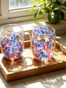 2 Double-Layer Glass Mugs With Handles, Transparent Floral Pattern Reusable Coffee Glasses. Ideal For Milk, Espresso, Cappuccino, Hot & Cold Drinks. Great Birthday & Holiday Presents, Also Practical Coffee Machine Accessories. - Multicolor - View 4