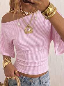 SHEIN EZwear 休閒極簡風 1064 粉色細條紋滿版印花 95% 棉針織女款 T-shirt，適合春夏季 - 彩色 - 查看 3