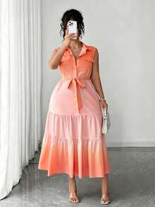 Elenzga Plus Size Women's Elegant Vintage French Style Yellow Gradient Sleeveless A-Line Maxi Dress, Suitable For Summer, Back To School, Vacation, Graduation, Holiday, Valentine's Day, Christmas, Music Festival, Mother's Day, Halloween, Thanksgiving, Easter, National Day, Prom, Birthday, Date Party, Wedding Season, Outing And More - Orange - View 4
