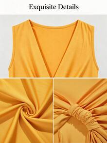 SOLERSUN Women Solid Yellow Deep V Neck Bodycon Jumpsuit, Sleeveless Wrap Ruched Side Drape High Rise Flared Leg Party Jumpsuit - Yellow - View 9