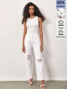 SHEIN BASICS 女款時尚百搭純色圓領細肩帶背心上衣，黑色女款上衣 - 白色 - 查看 3