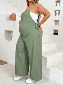 Plussiva Plus Size Maternity Square Neck Tie Strap Solid Color Jumpsuit - Green - View 8