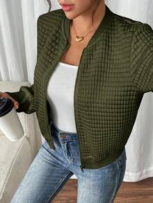 SHEIN Frenchy 女款純色長袖拉鍊領休閒棒球夾克 秋冬款 - 軍綠色 - 查看 4