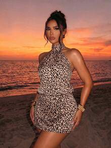 Sirith Women's Leopard Print Halter Mini Dress Ibiza Clubbing Beige Summer - Multicolor - View 1