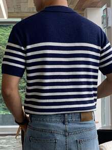 DAZY Men's Summer Half-Button Striped Color-Block Short Sleeve Knit Top - Multicolor - View 2