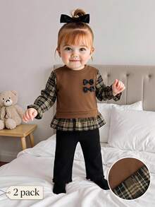 SHEIN Vintaside Kids 2件組女嬰幼兒可愛時尚格紋蝴蝶結長荷葉邊軟綿上衣褲套裝，休閒日常穿著秋季新款上衣套裝 - 彩色 - 查看 9