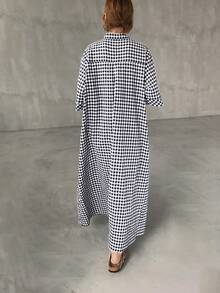 FRIFUL Women's Summer New Plaid Embroidery Print Pleated Loose Casual Versatile Long Dress Sundress - Black and White - View 8