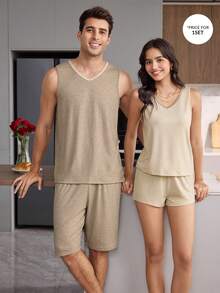 CoupledUp 男士休閒拼色滾邊V領背心與短褲居家服套裝 - 彩色 - 查看 3