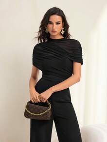 SHEIN Tall 純色立領網布拼接修身優雅短袖連身褲 - 黑色 - 查看 3