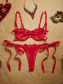 PinupPomp 2pcs Sky Blue Embroidered Lace-Up Lingerie Set For Women - Red - View 2
