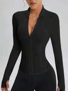 Nuvra Women's Solid Color Long Sleeve Zip-Up Fitted Sports Jacket - Black - View 7