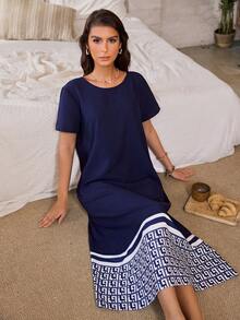 Serenescape Gaun Tidur Panjang Wanita Gaya Liburan Kasual Motif Bunga Patchwork Lengan Pendek Berkerut - Biru - View 6