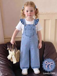 SHEIN Girls' Cute Casual Ruffle Shoulder Bow Embroidery Denim Overalls, Light Blue Washed Denim Color, Adjustable Lace Shoulder Straps With Buckle, Front Pockets With All-Over Bow Embroidery, Loose Straight Leg Soft Premium Cotton Denim, Versatile For Daily Wear, School, Outings, Spring/Summer/Autumn/Winter, Vacation Outfit With T-Shirt - Light Wash - View 5