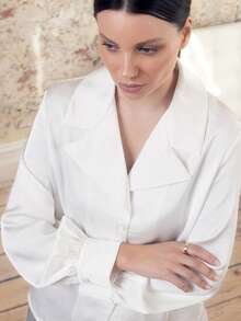 KÆRIA Hus Rilo Button Up Blouse - Fluid Satin, Notch Lapel, Long Sleeve, Crossover, Luxe Sheen, Relaxed Fit - White - Elegant, Wedding, Summer, 90's, Party - White - View 5