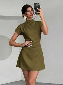 Aloruh Women Mini Dresses Everyday Olive Green Simple Elegant,Wedding Guest,Graduation Dress - Army Green - View 4