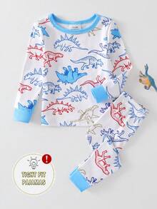 Setelan Pakaian Santai Bayi Laki-laki Motif Minimalis Basket Ring di Seluruh Permukaan, Atasan Lengan Panjang dan Legging, Warna Aprikot, Bahan Dasar, 2 Potong - Biru - View 3