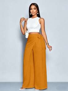SOLERSUN Women's Linen-Like Belted High Waist Linen-Blend Tie Side Belted Wide Leg Pants - Brown - View 5