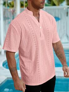 Genlund Plus Size Men's Notched Neck Solid Color Casual Versatile Daily Wear Short Sleeve Shirt, Holiday Holiday - Pink - View 4