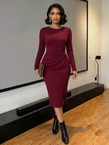 SHEIN Lady Burgundy Wine Red Ruched High Neck Long Sleeve Bodycon Midi Dress Front Slit Twist Stretchy Elegant Date Night Engagement Cocktail Fall Winter Dress - Burgundy - View 7