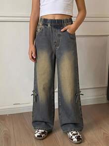 DAZY Tween Girl Elastic Waist Straight Leg Vintage Distressed Washed Denim Jeans Fall - Olive Green - View 5