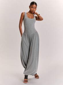 SHEIN BAE Women's Casual Commute Square Round Neck Minimalist Lantern Ruched Grey Marled Lantern Jumpsuit, Suitable For Casual Commute, Daily Wear, Casual Outing, Grey Lantern Pants, Grey Marled Lantern Pants - Grey - View 3