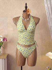 Swim Mod 女款 2 件式熱帶可愛性感豹紋細肩帶繫領側綁比基尼套裝，海灘度假休閒優雅情人節背心上衣與泳褲下裝 - 彩色 - 查看 4