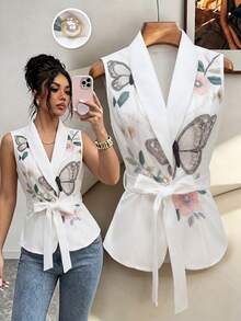 Selianne 春秋日常通勤成熟風V領綁腰仿蝴蝶花卉刺繡綴珠乳白色背心 - 彩色 - 查看 4