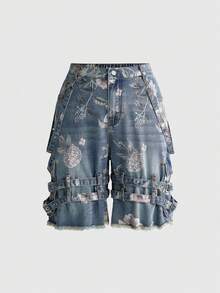 ROMWE Grunge Punk Plus Size Floral Print Denim Shorts - Blue - View 1