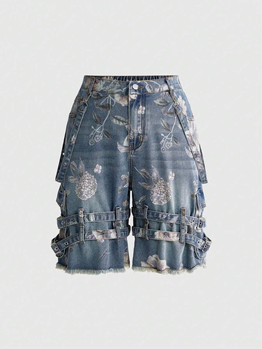 ROMWE Grunge Punk Plus Size Floral Print Denim Shorts - Blue - View 1