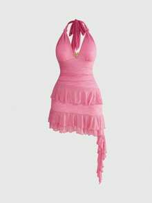 ROMWE Avant Vestido casual de talla grande de unicolor con escote halter y espalda descubierta - Rosa - Ver 5