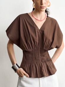 Aalyst Women's Summer Casual Dark Brown Textured Cotton V-Neck Batwing Sleeve Top Back Zipper Waist-Cinching Detail Blouse Teachers' Day Office Everyday - Coffee Brown - View 2