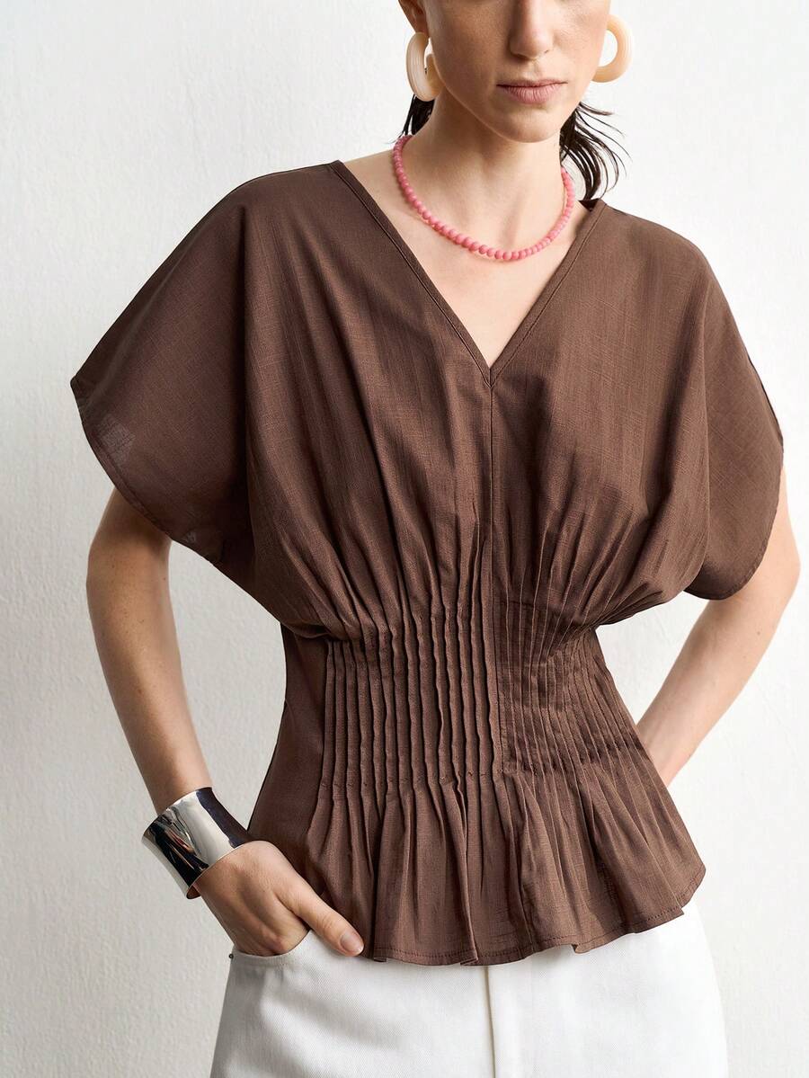 Aalyst Women's Summer Casual Dark Brown Textured Cotton V-Neck Batwing Sleeve Top Back Zipper Waist-Cinching Detail Blouse Teachers' Day Office Everyday