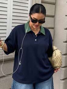 Dazy Plus 女款大尺碼拼色拼接條紋寬鬆 Polo 領中袖休閒夏季 T-shirt - 藏蓝色 - 查看 2
