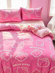 HELLO KITTY AND FRIENDS | SHEIN 3件組可愛卡通印花被套組，磨毛材質，柔軟保暖，多尺寸可選，適用單人床/雙人床/加大雙人床/特大床 - 深粉色 - 查看 2