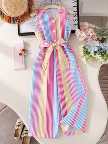 SHEIN Elladie kids 女童休閒度假百搭連身長褲，領口鈕扣前襟附腰帶，舒適柔軟皺褶丹寧風，適合秋季、野餐、出遊、姐妹穿搭、日常穿著 - 彩色 - 查看 4